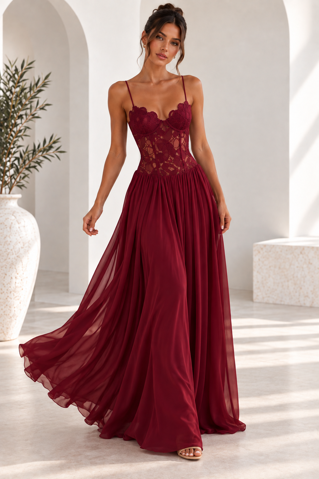 Elara Lace Corset Chiffon Maxi Dress Blue