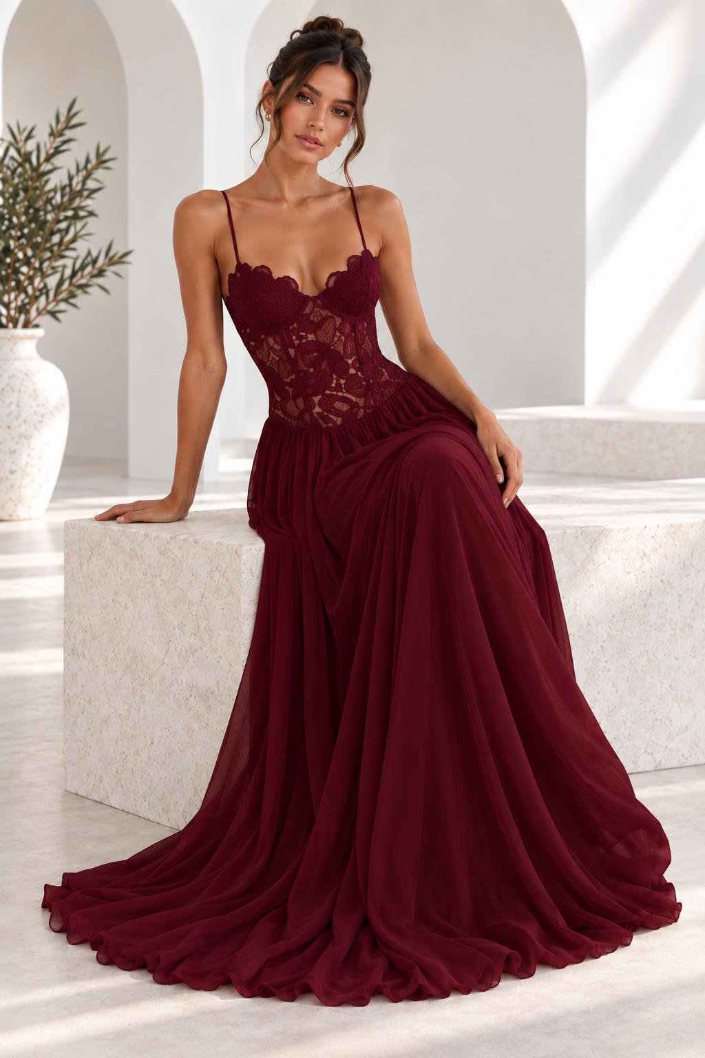 Elara Lace Corset Chiffon Maxi Dress Blue