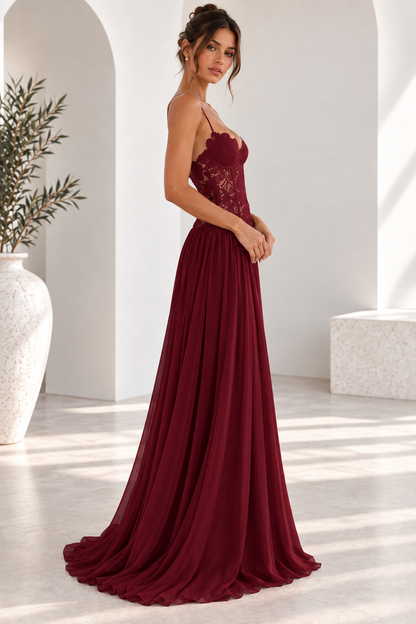 Elara Lace Corset Chiffon Maxi Dress Blue
