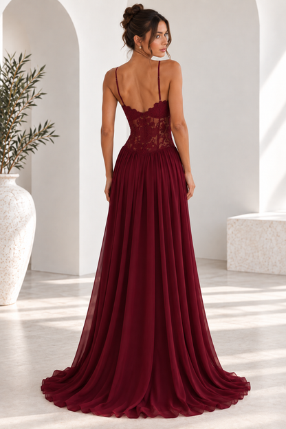 Elara Lace Corset Chiffon Maxi Dress Blue