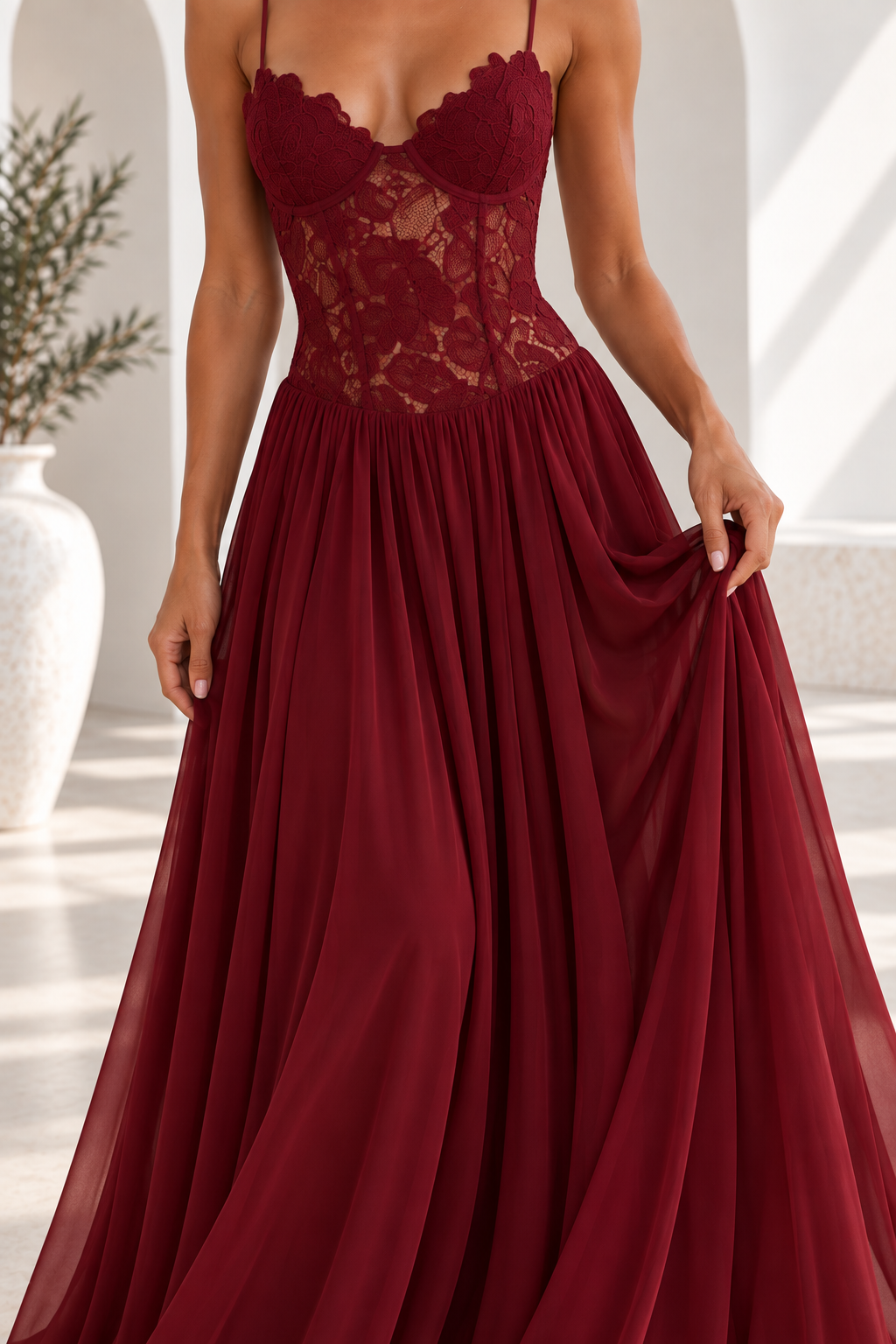 Elara Lace Corset Chiffon Maxi Dress Blue