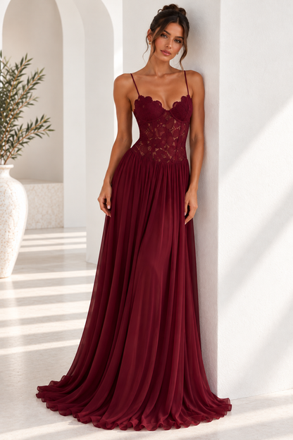 Elara Lace Corset Chiffon Maxi Dress Blue