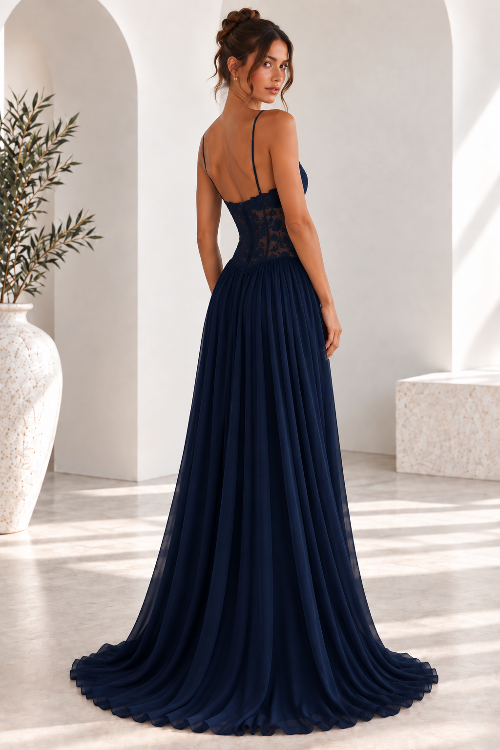 Elara Lace Corset Chiffon Maxi Dress Blue