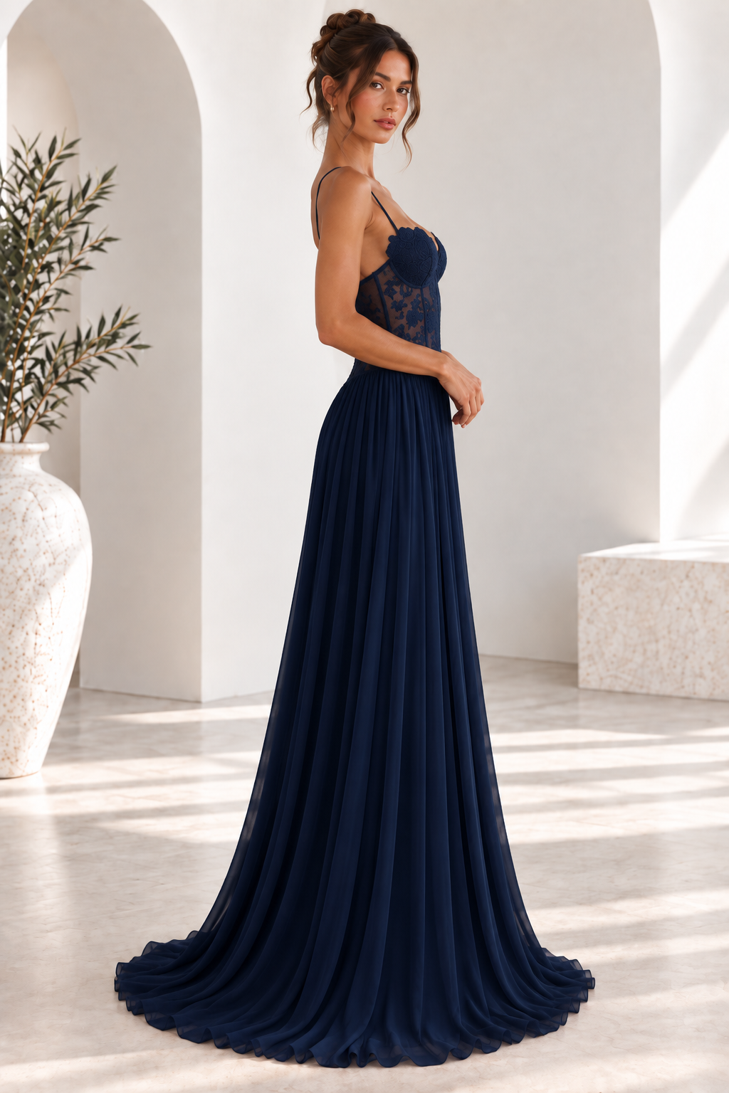 Elara Lace Corset Chiffon Maxi Dress Blue