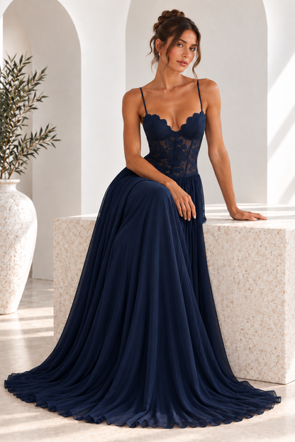 Elara Lace Corset Chiffon Maxi Dress Blue