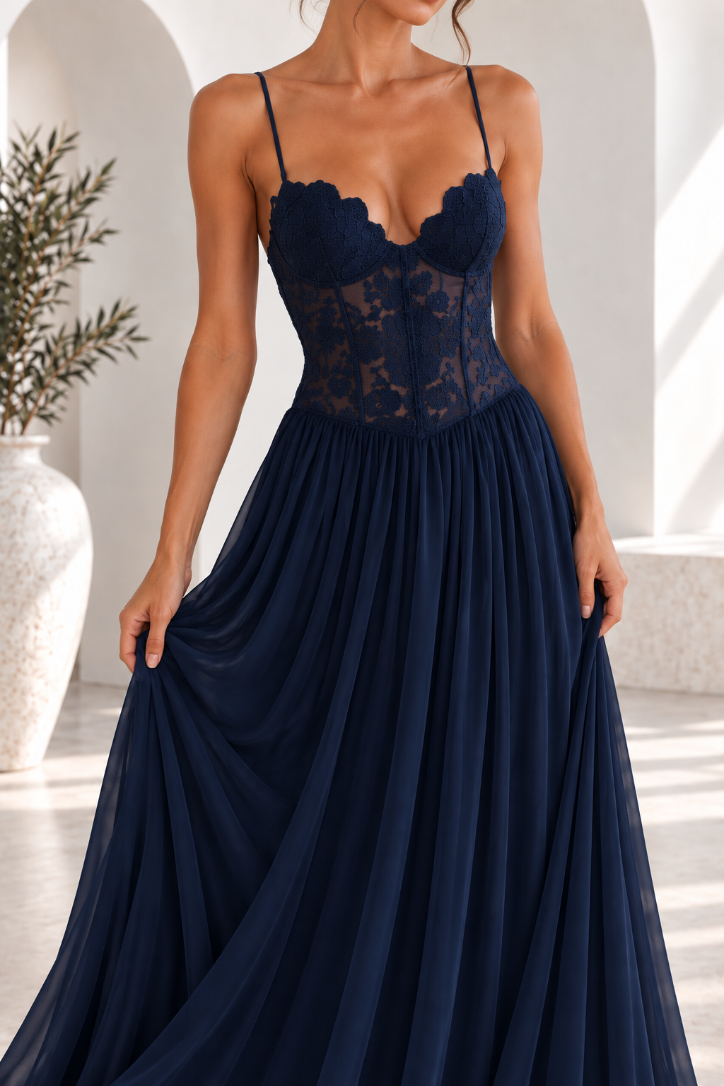 Elara Lace Corset Chiffon Maxi Dress Blue