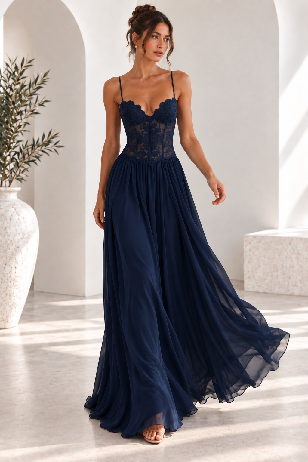 Elara Lace Corset Chiffon Maxi Dress Blue