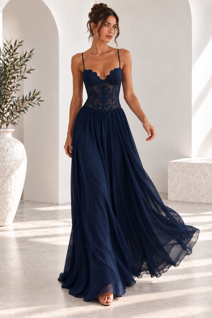 Elara Lace Corset Chiffon Maxi Dress Blue
