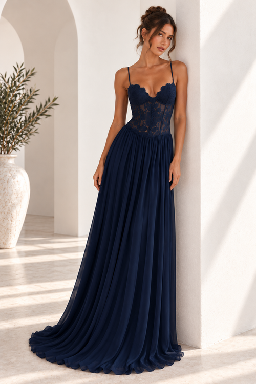 Elara Lace Corset Chiffon Maxi Dress Navy