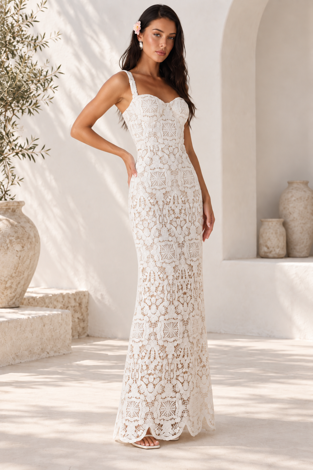 Isla White Crochet Lace Maxi Dress