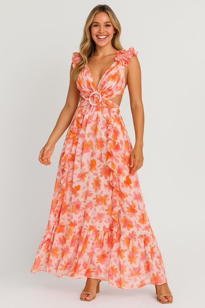 Floral Maxi Backless Dress Blue