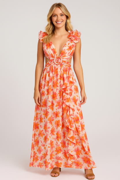 Floral Maxi Backless Dress Blue