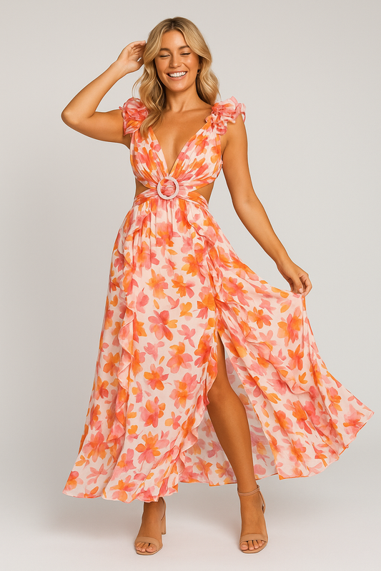 Floral Maxi Backless Dress Peach