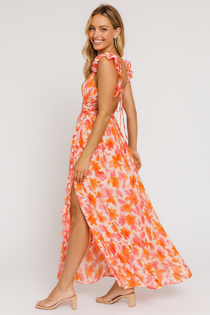 Floral Maxi Backless Dress Blue