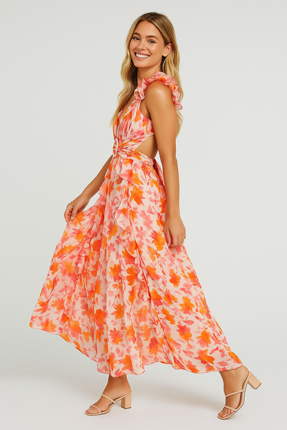 Floral Maxi Backless Dress Blue