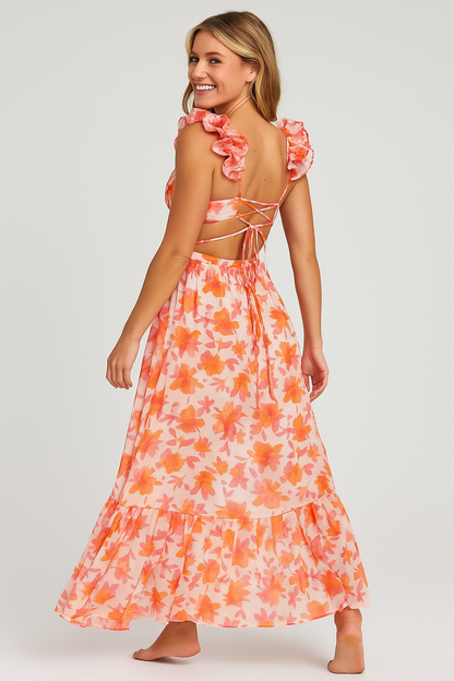 Floral Maxi Backless Dress Blue