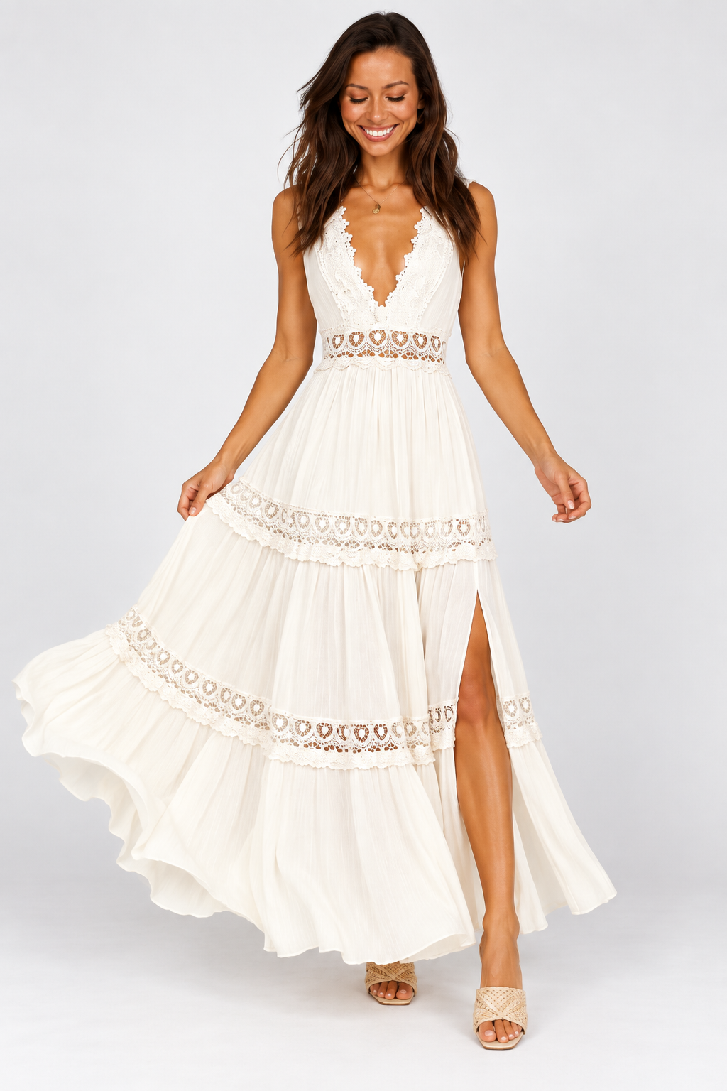 Amara White Lace Boho Maxi Dress