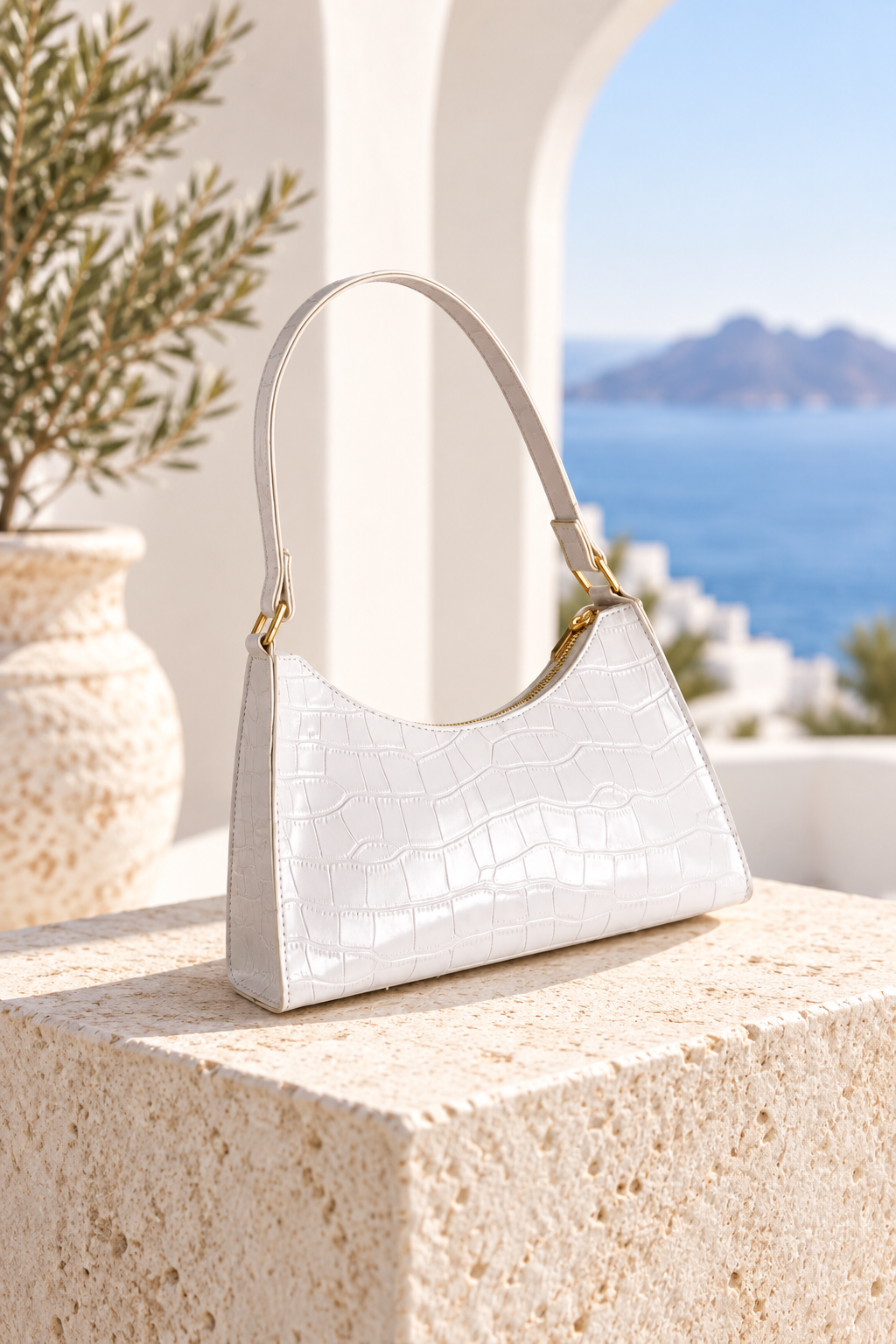 Sienna Croc Embossed Shoulder Bag White
