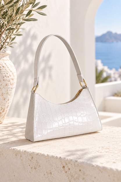 Sienna Croc Embossed Shoulder Bag White