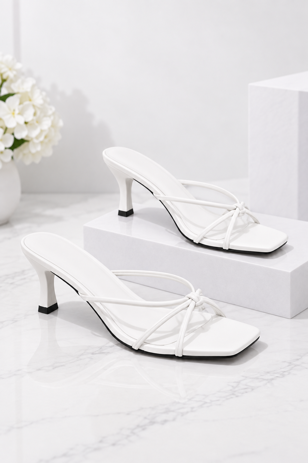 Elara Square Toe Strappy Kitten Heel Sandals Black