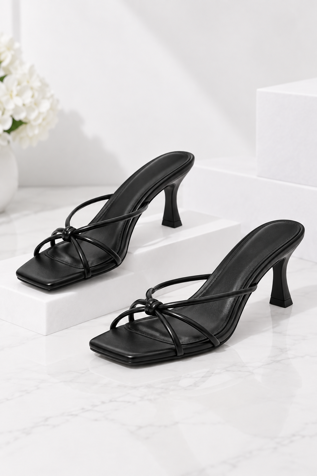 Elara Square Toe Strappy Kitten Heel Sandals Black