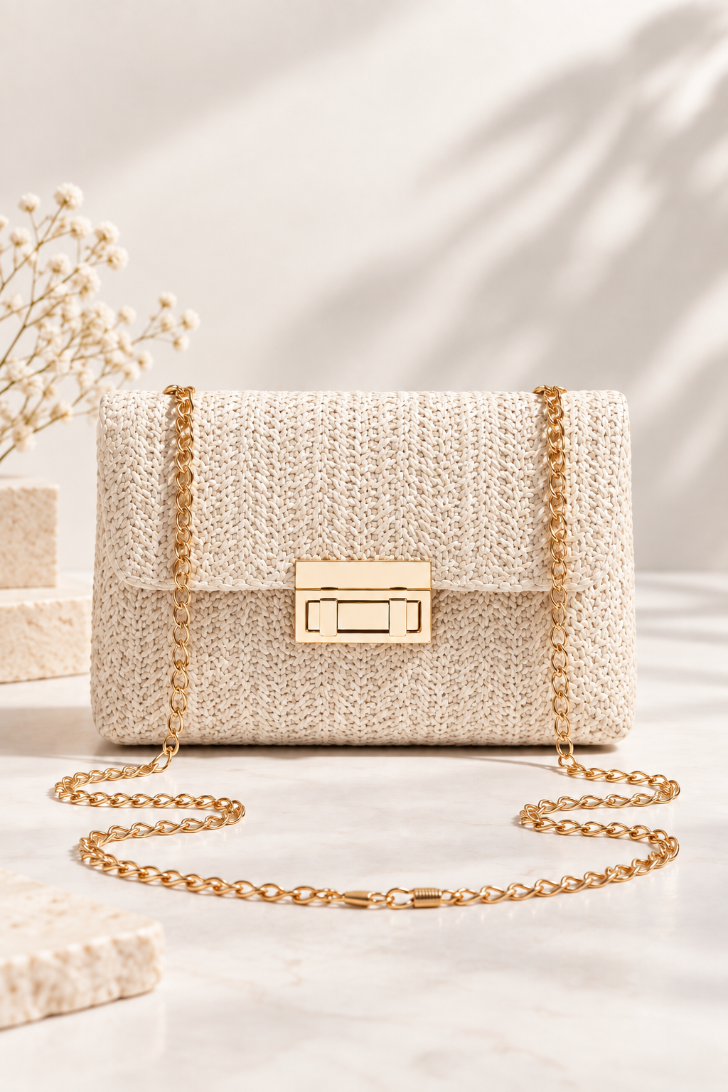 Sienna Woven Chain Shoulder Bag Ivory