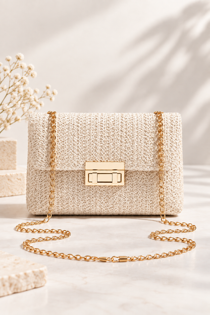 Sienna Woven Chain Shoulder Bag Ivory