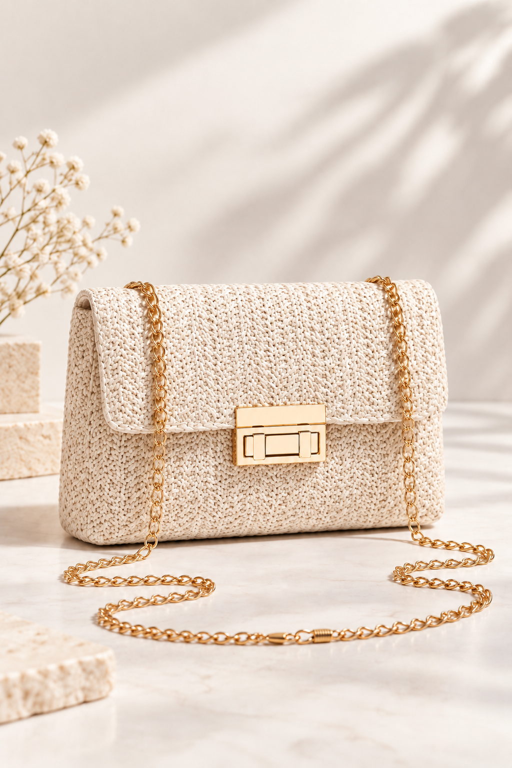 Sienna Woven Chain Shoulder Bag Ivory