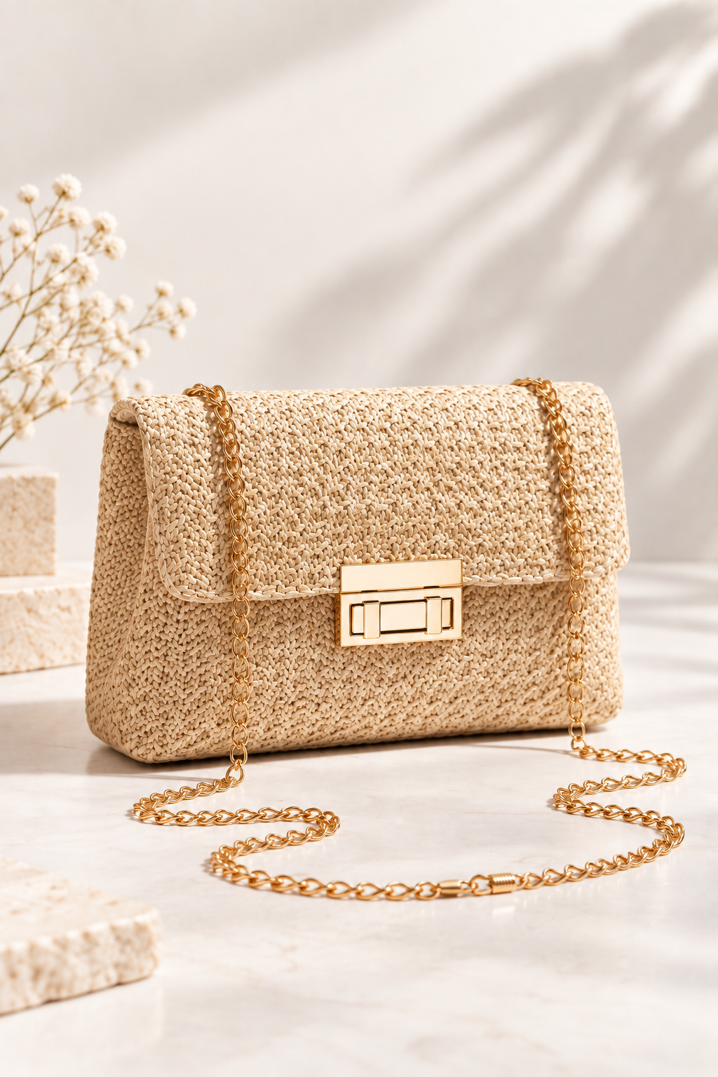 Sienna Woven Chain Shoulder Bag Ivory