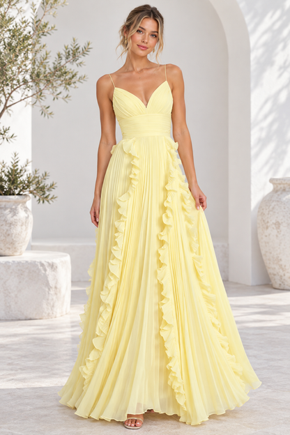 Amelie Yellow Ruffle Pleated Maxi Dress