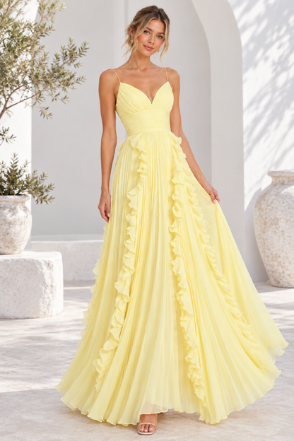 Amelie Yellow Ruffle Pleated Maxi Dress