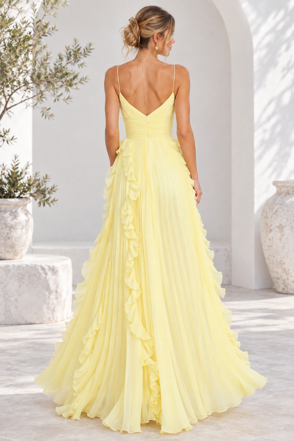 Amelie Yellow Ruffle Pleated Maxi Dress