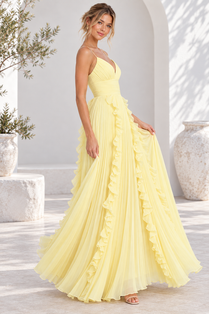 Amelie Yellow Ruffle Pleated Maxi Dress