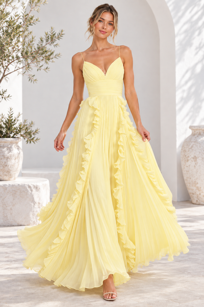 Amelie Yellow Ruffle Pleated Maxi Dress
