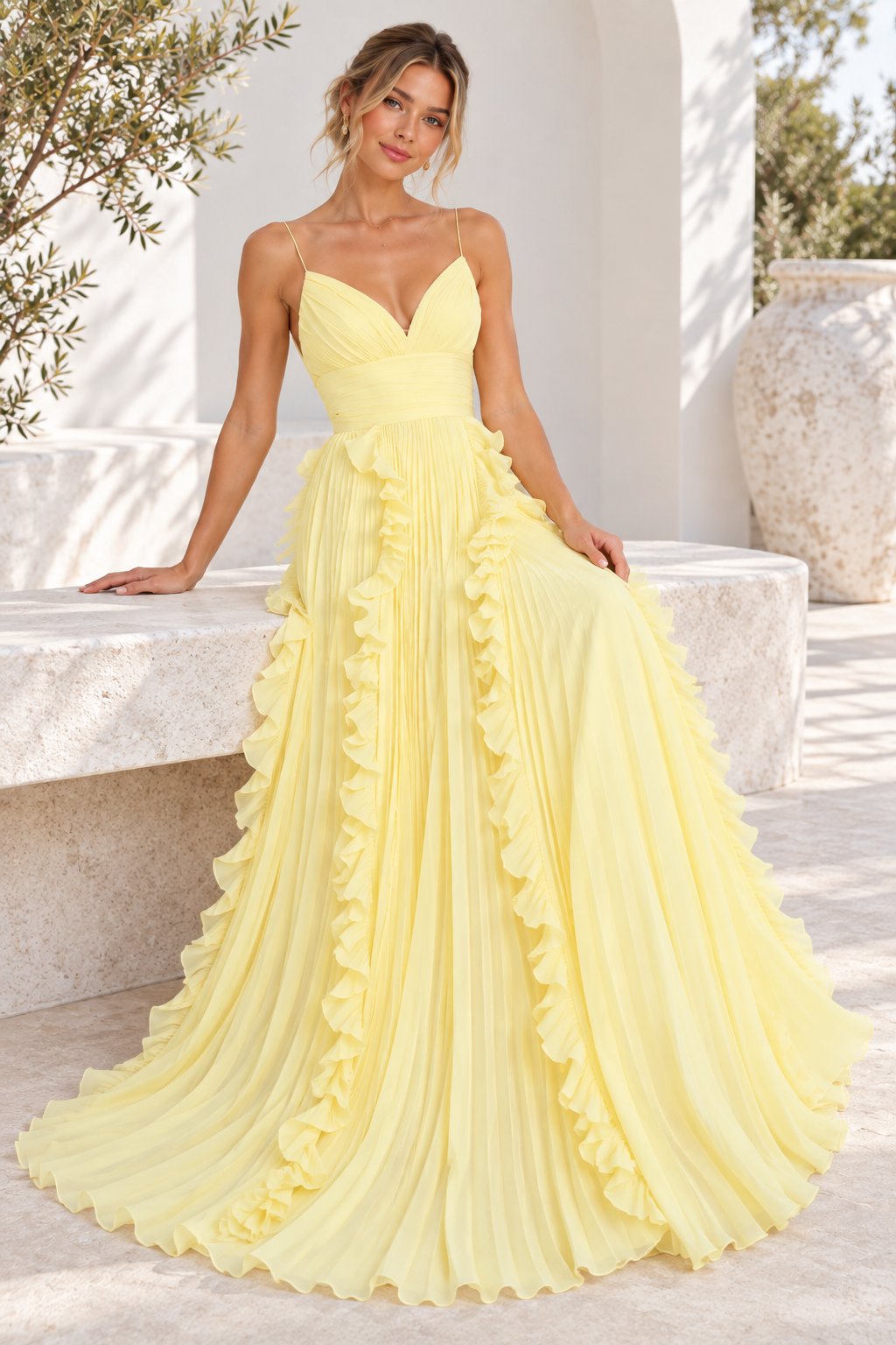 Amelie Yellow Ruffle Pleated Maxi Dress