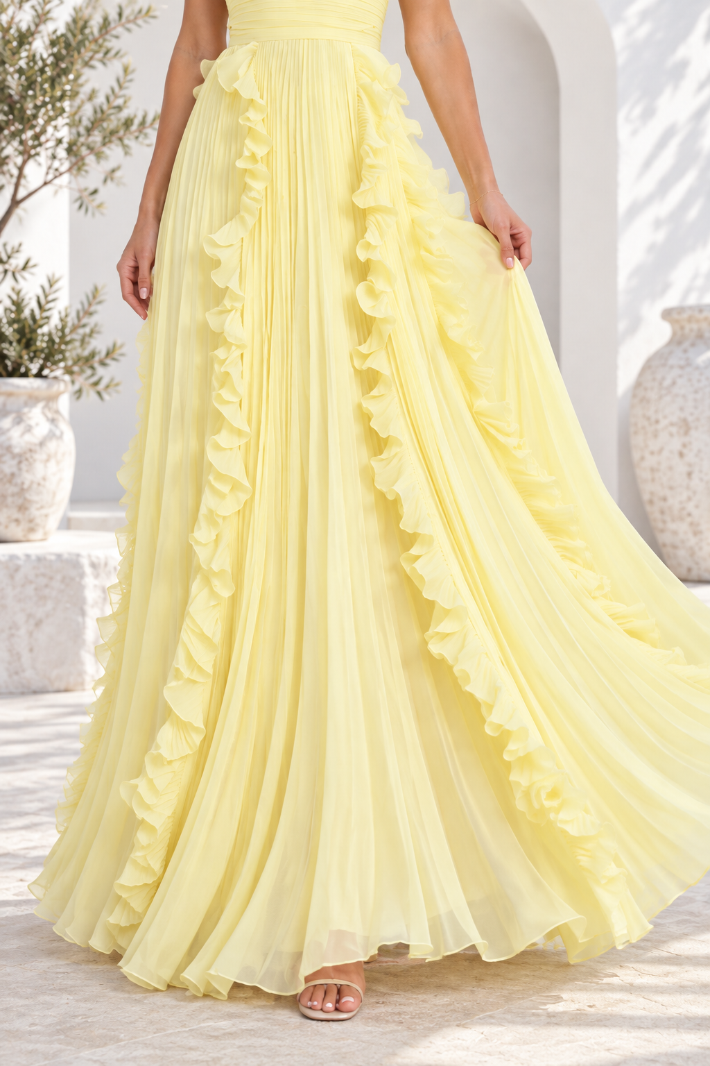 Amelie Yellow Ruffle Pleated Maxi Dress