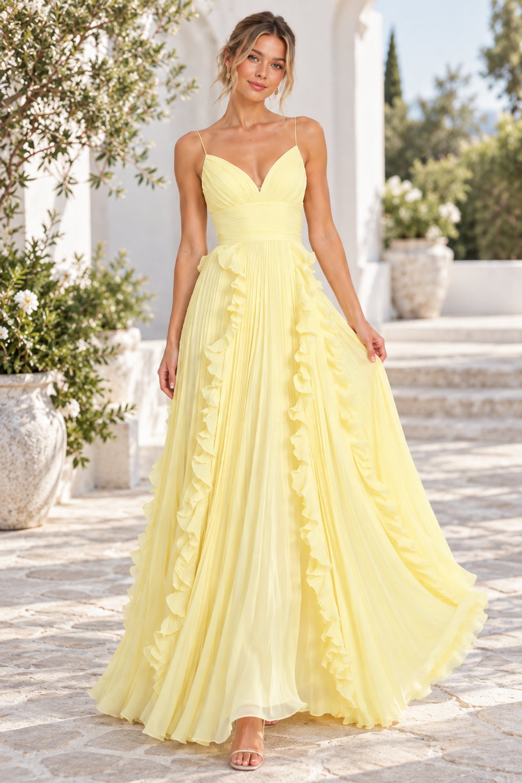 Amelie Yellow Ruffle Pleated Maxi Dress