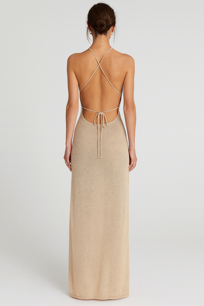 Solana Crochet Knit Gold Maxi Dress