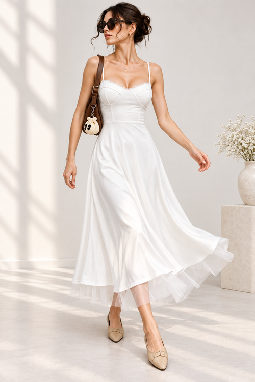 Amélie White Corset Tulle Midi Dress