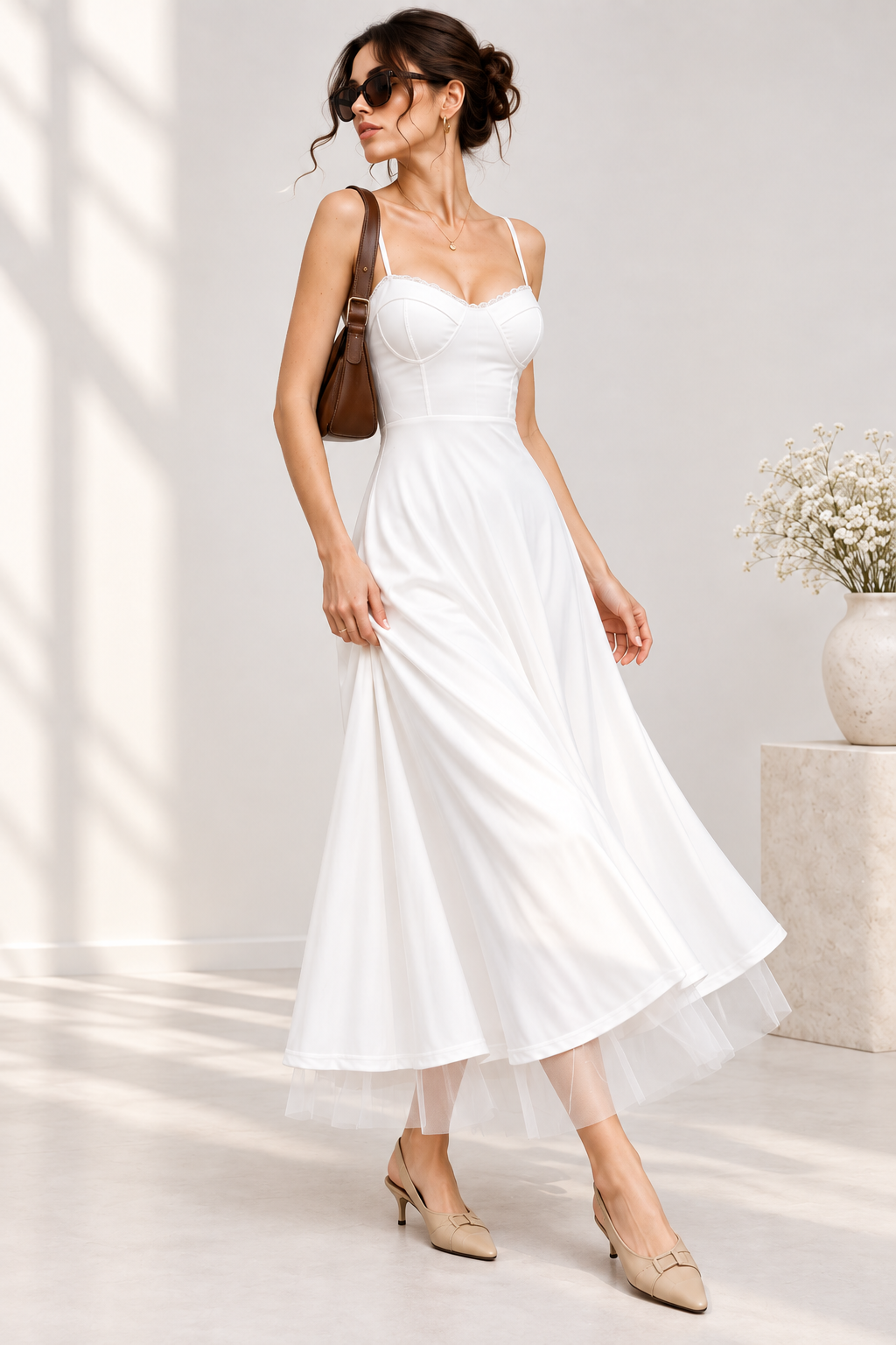 Amélie White Corset Tulle Midi Dress
