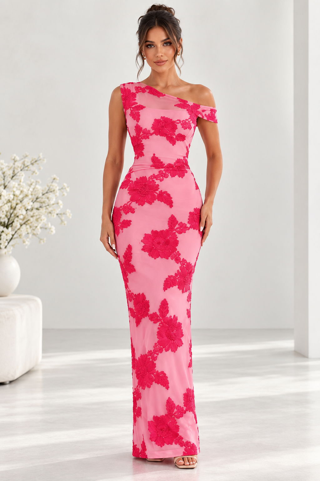 Marielle One-Shoulder Floral Appliqué Maxi Dress