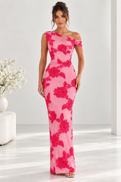 Marielle One-Shoulder Floral Appliqué Maxi Dress