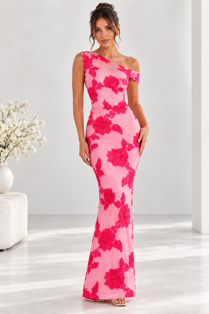 Marielle One-Shoulder Floral Appliqué Maxi Dress
