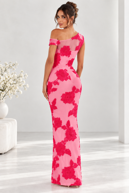 Marielle One-Shoulder Floral Appliqué Maxi Dress