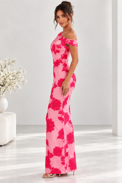 Marielle One-Shoulder Floral Appliqué Maxi Dress