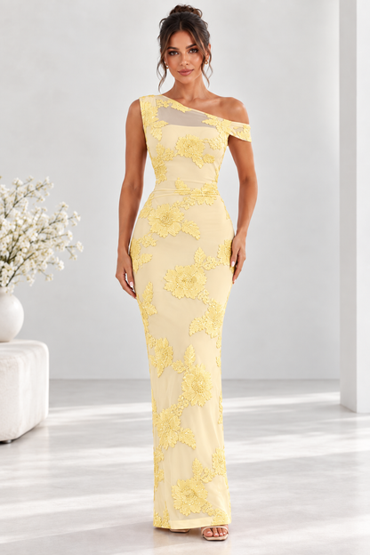 Marielle One-Shoulder Floral Appliqué Maxi Dress