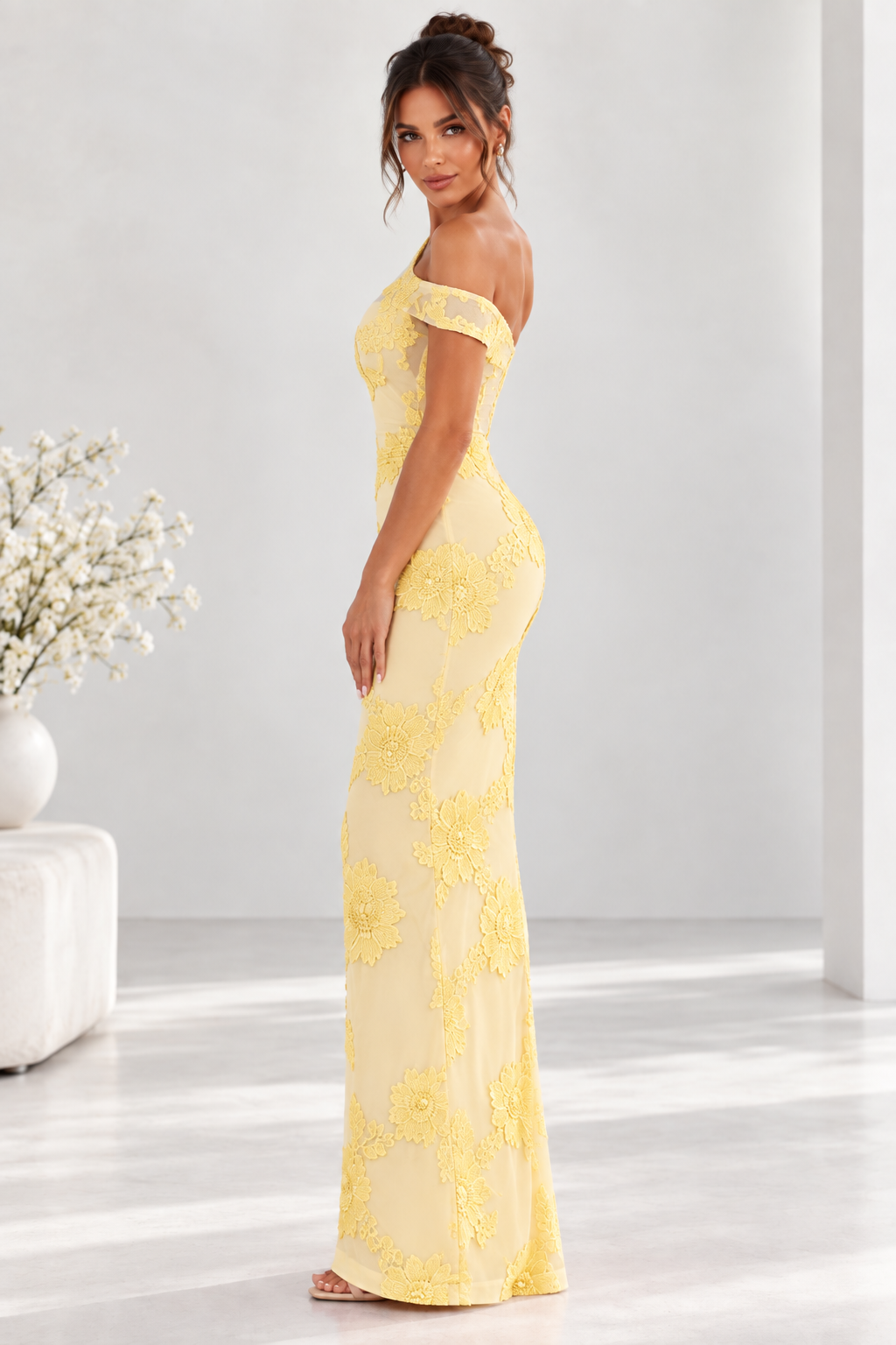 Marielle One-Shoulder Floral Appliqué Maxi Dress