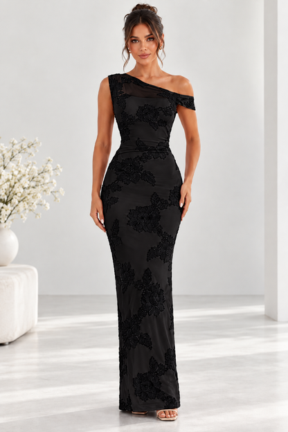 Marielle One-Shoulder Floral Appliqué Maxi Dress