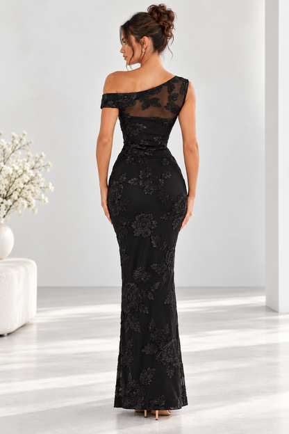 Marielle One-Shoulder Floral Appliqué Maxi Dress