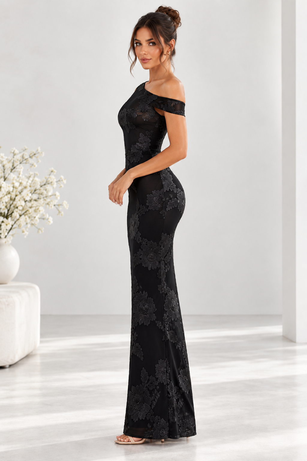 Marielle One-Shoulder Floral Appliqué Maxi Dress